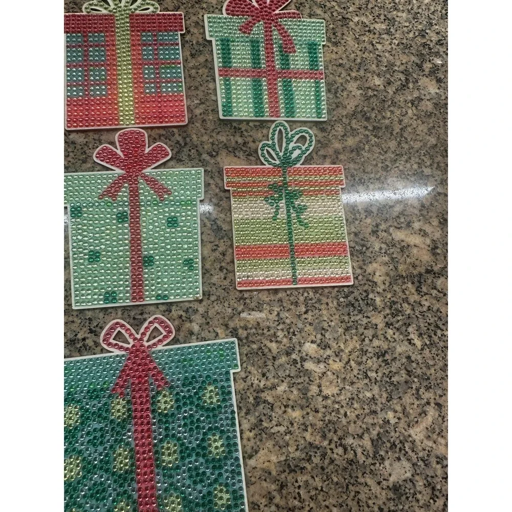 Christmas‎ Present Gift Box Rhinestone Coasters Set Of 10 With Metal Holder
